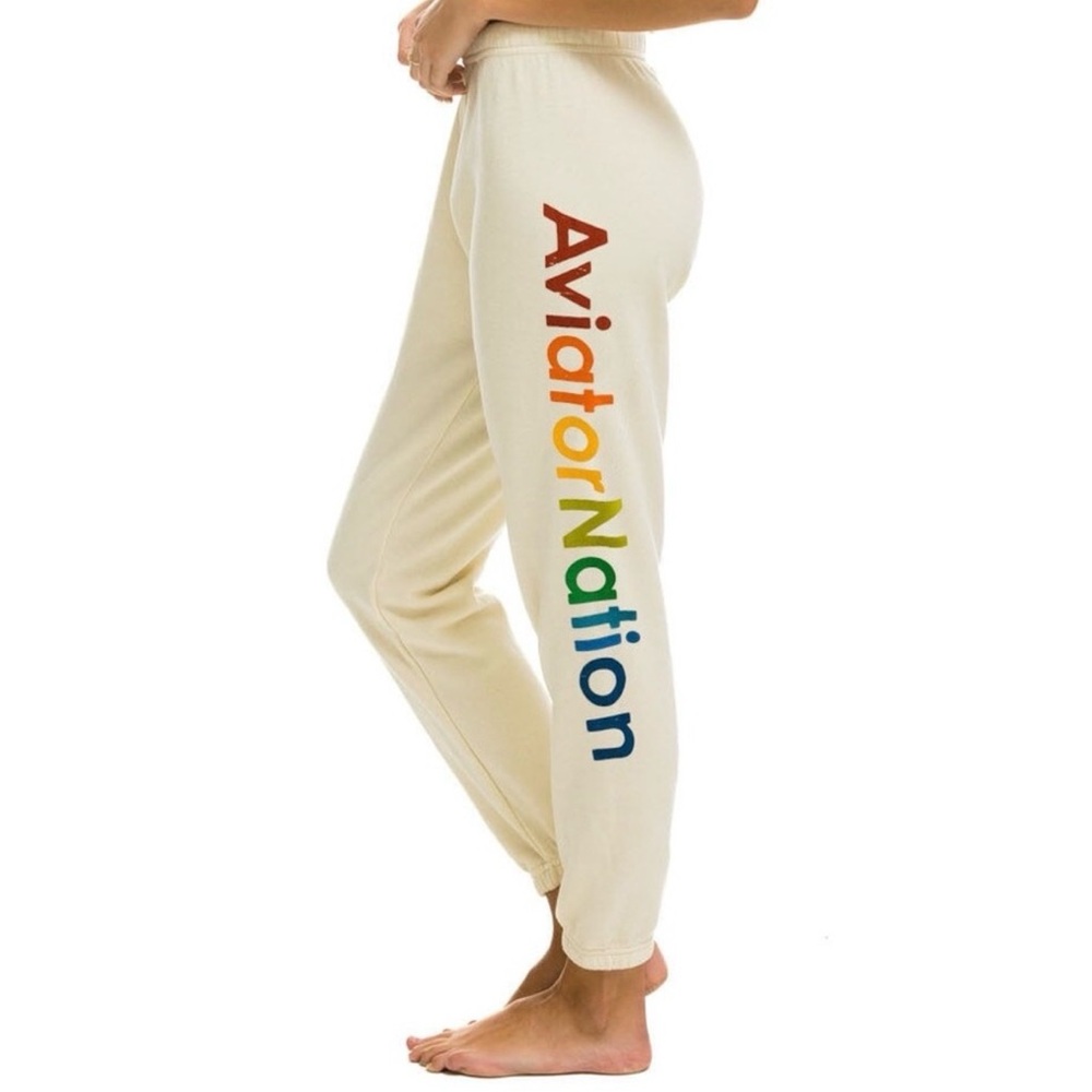 Aviator Nation Cream Pants with Multicolor Logo